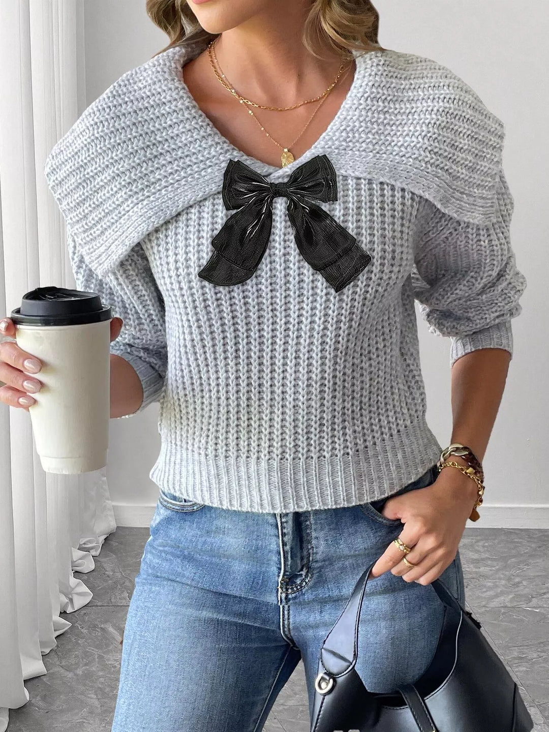 Waffle knit foldover collar sweater with contrast bow