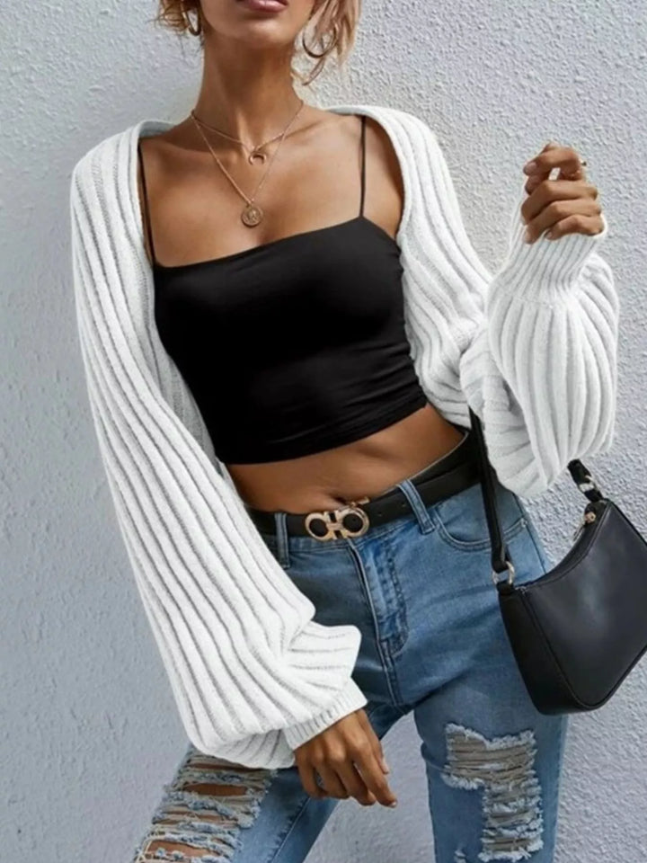Cropped ribbed knit shrug cardigan with balloon sleeves
