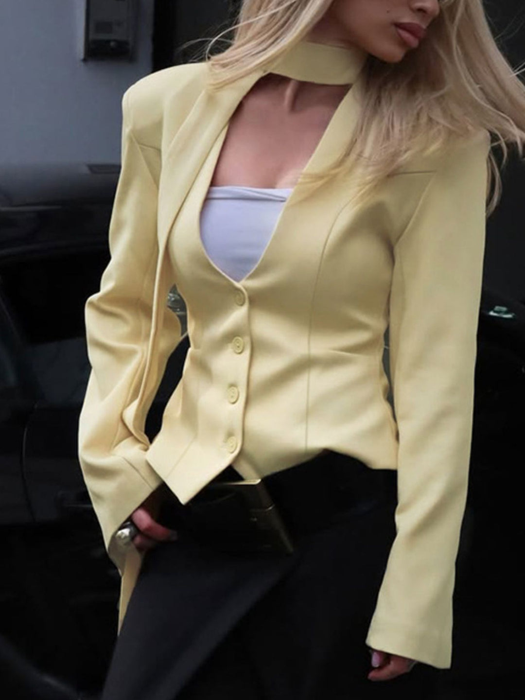 Pastel Yellow Fitted button-up blazer with tie-neck scarf and structured shoulders