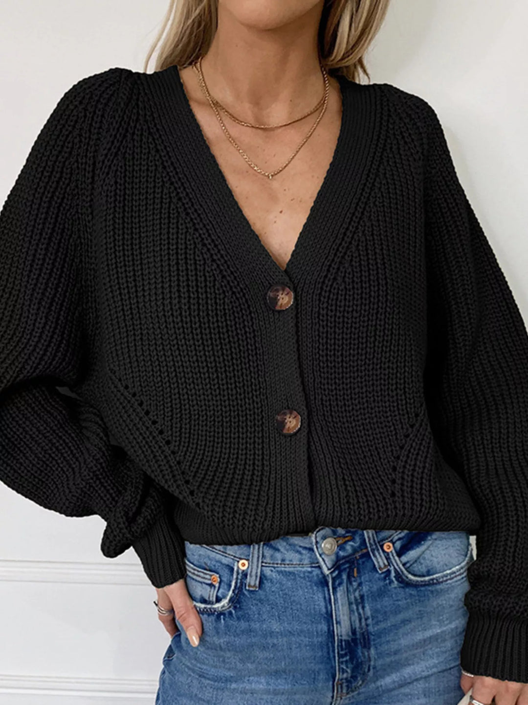 Chunky knit button-down cardigan with tortoiseshell buttons