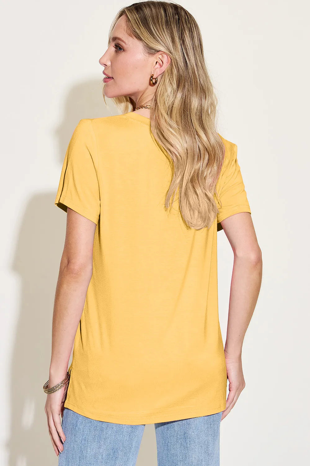 V-neck high-low bamboo tee with side slits