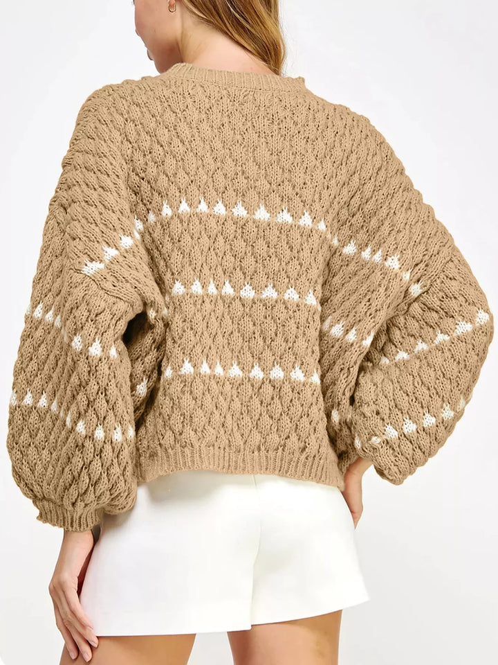 Textured knit puff sleeve sweater with contrast stripe detail