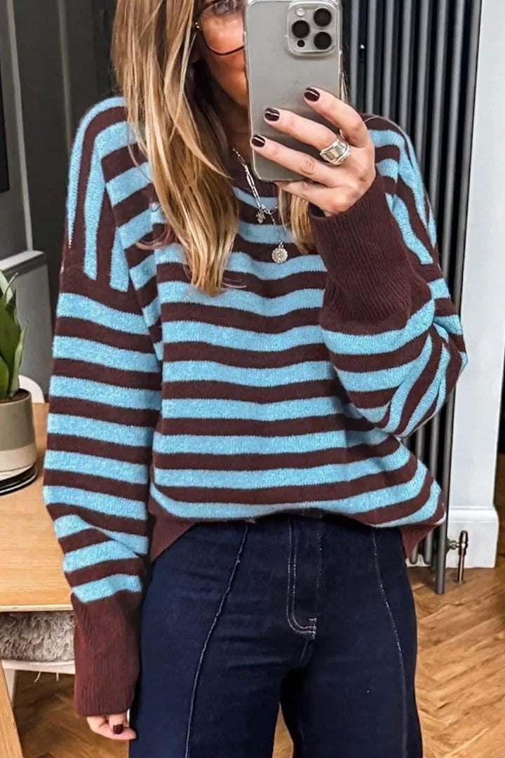 Dusty Blue Striped color block crew neck sweater with ribbed cuffs
