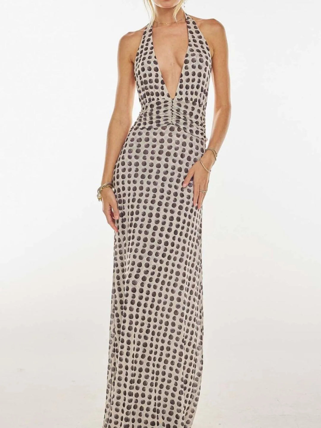Wave Point Backless floral halter deep V maxi dress with ruched waist