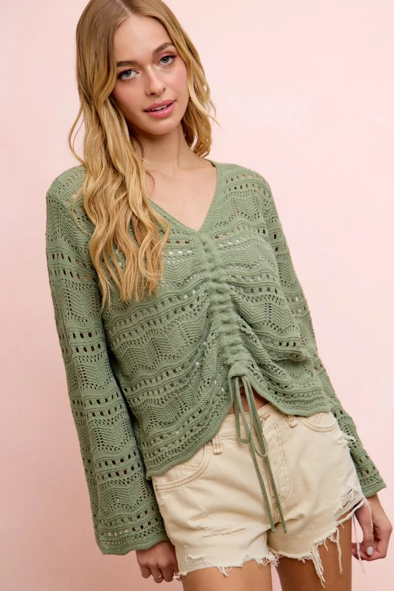 Long sleeve pointelle knit V-neck top with ruched front