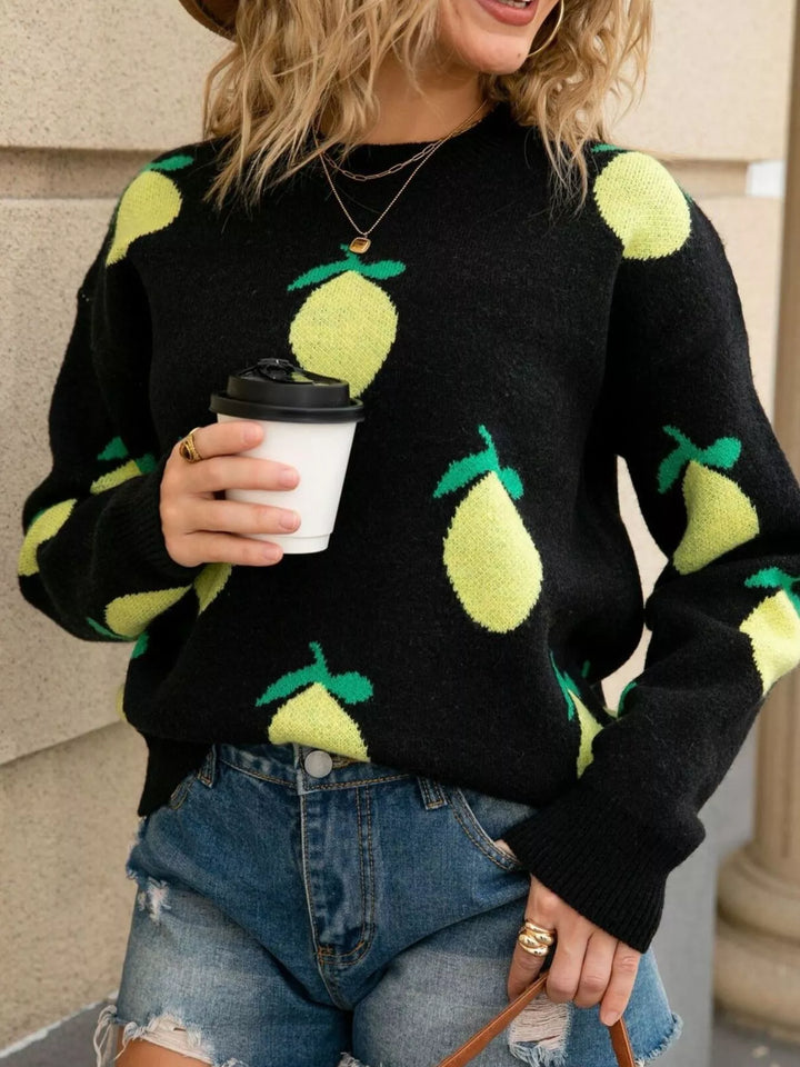 Lemon motif crew neck knit sweater with ribbed trim