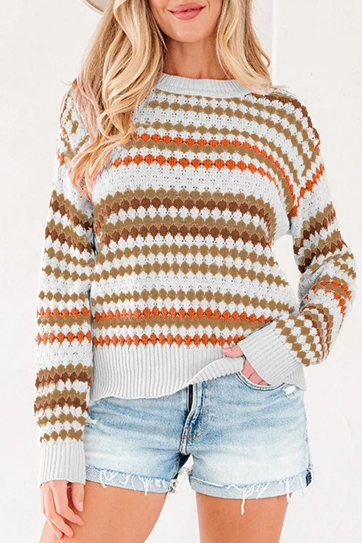 Khaki Striped pointelle knit crewneck sweater with drop shoulders