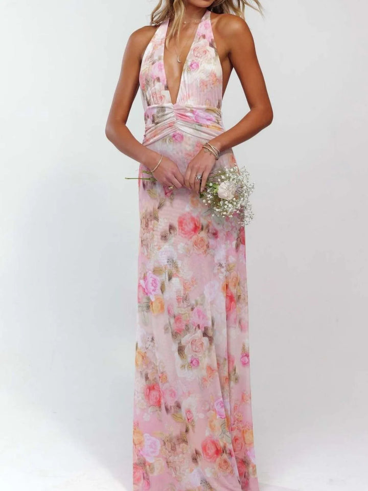Pink Backless floral halter deep V maxi dress with ruched waist