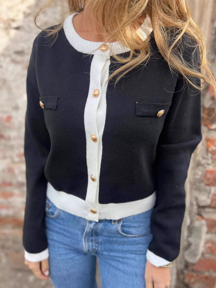 Contrast trim button-up knit cardigan with gold buttons