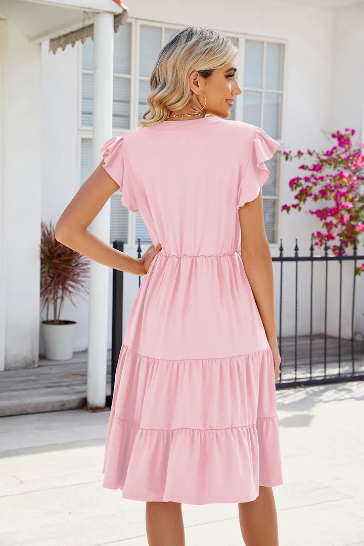 Flutter sleeve tiered midi dress with notched V-neck
