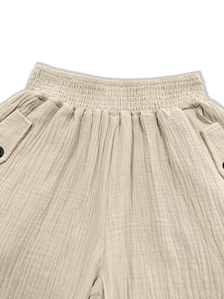 Wide-leg smocked waist casual pants in textured weave