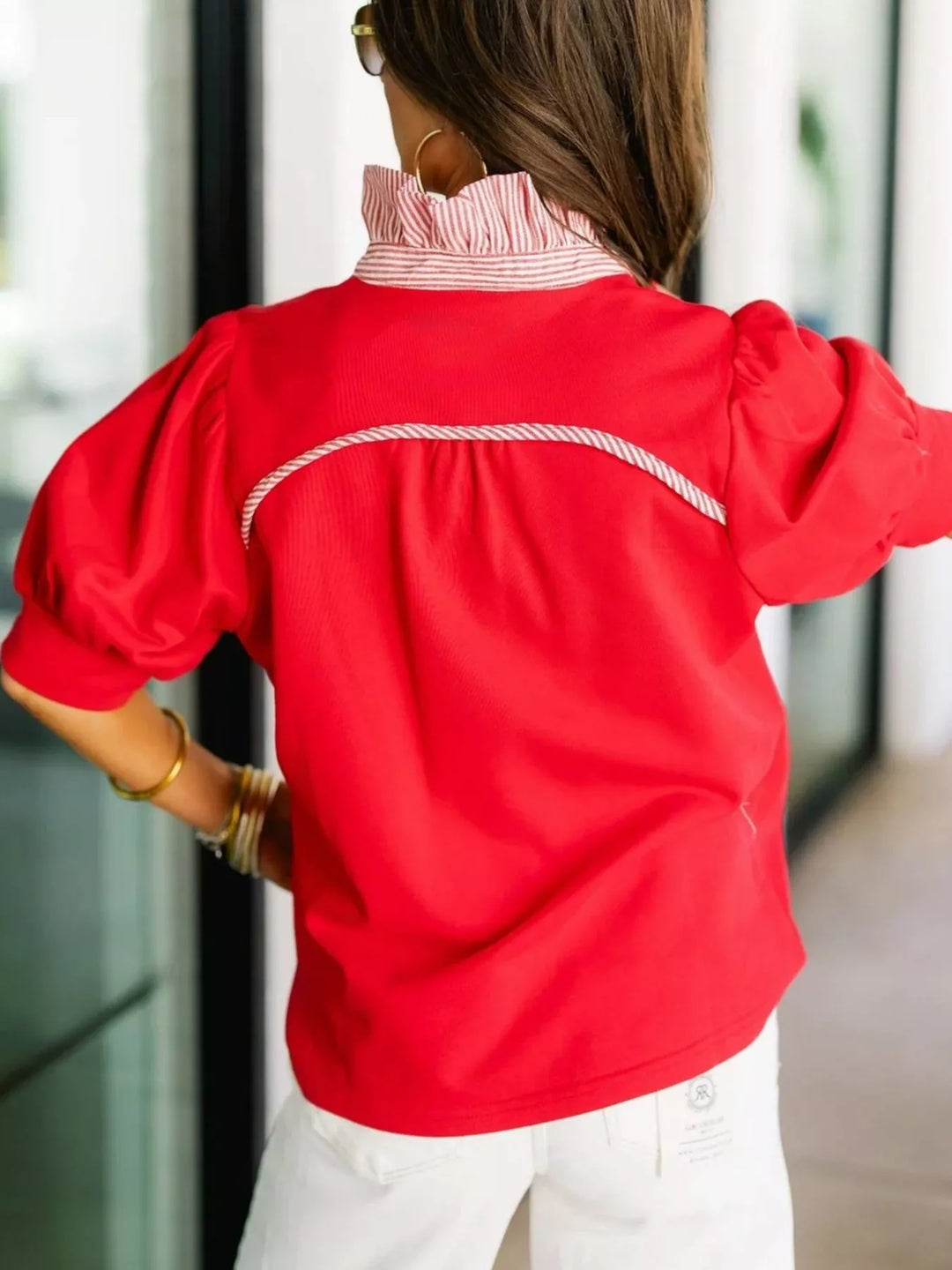 Notched neck half-button puff sleeve blouse