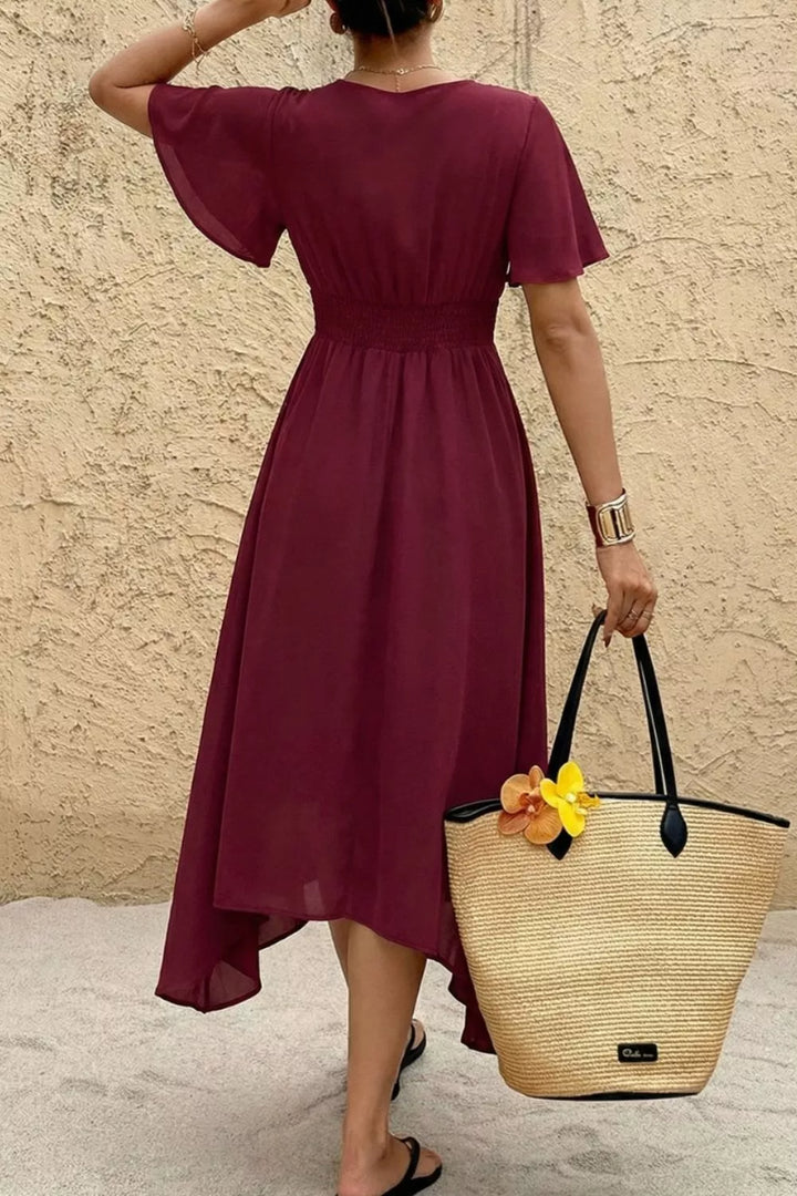 Flutter sleeve V-neck smocked waist high-low midi dress
