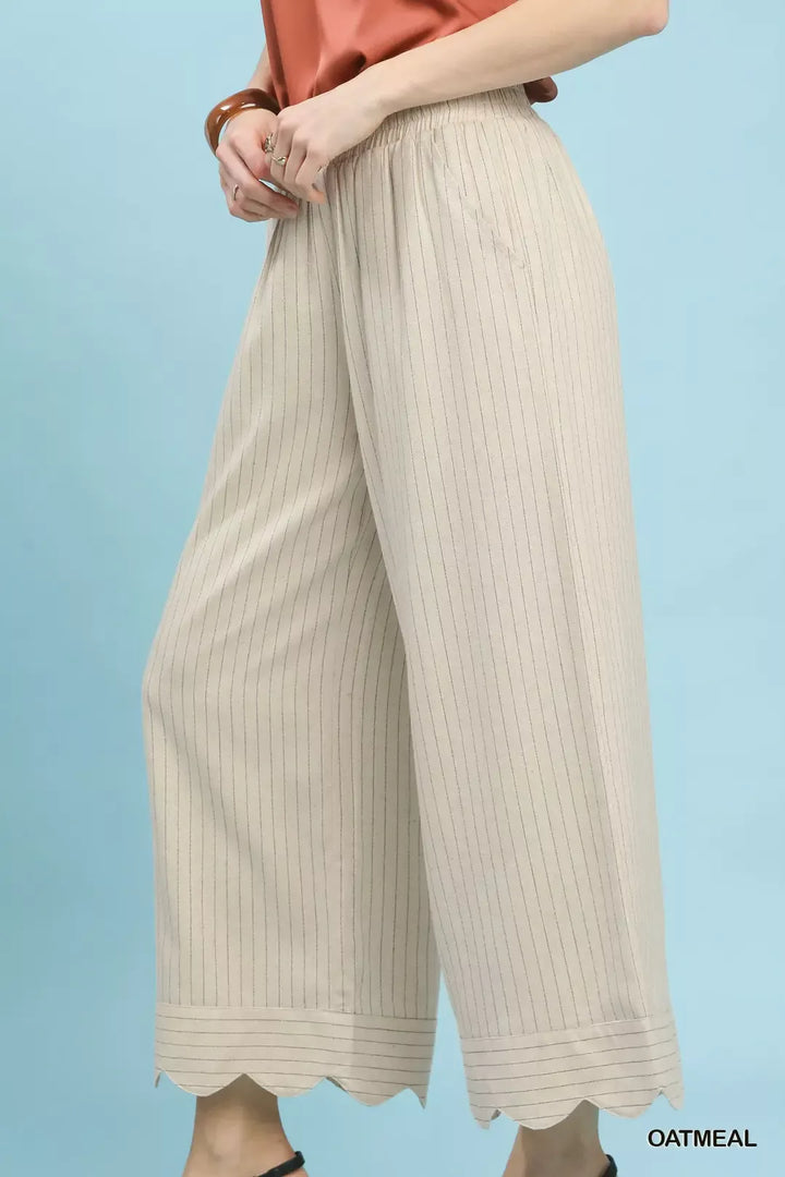 Pinstripe wide-leg linen pants with scalloped hem