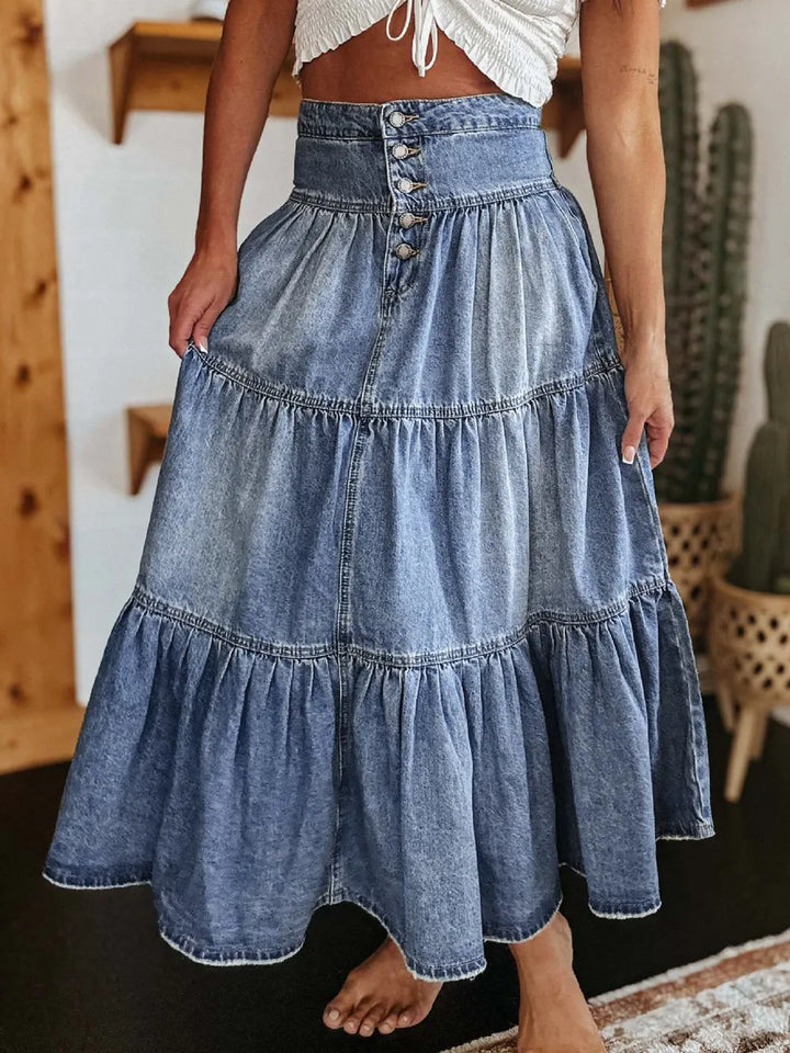 High-rise tiered button-fly denim maxi skirt