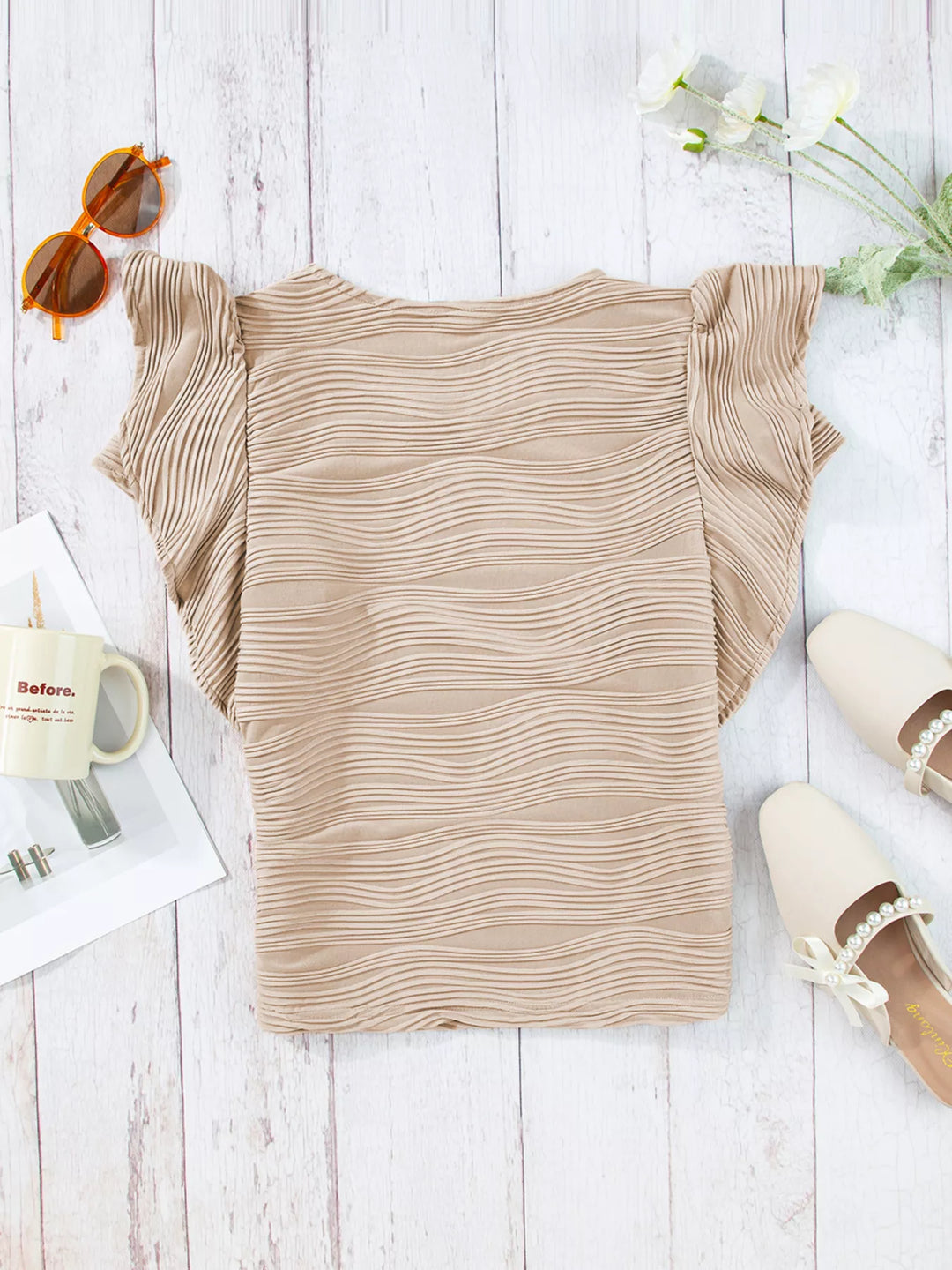 Wavy textured knit top with ruffle flutter sleeves