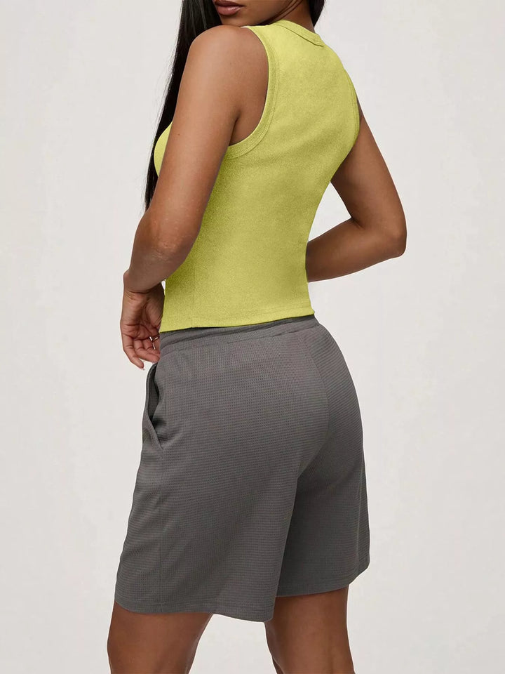 Ribbed mock-neck button-front sleeveless tank