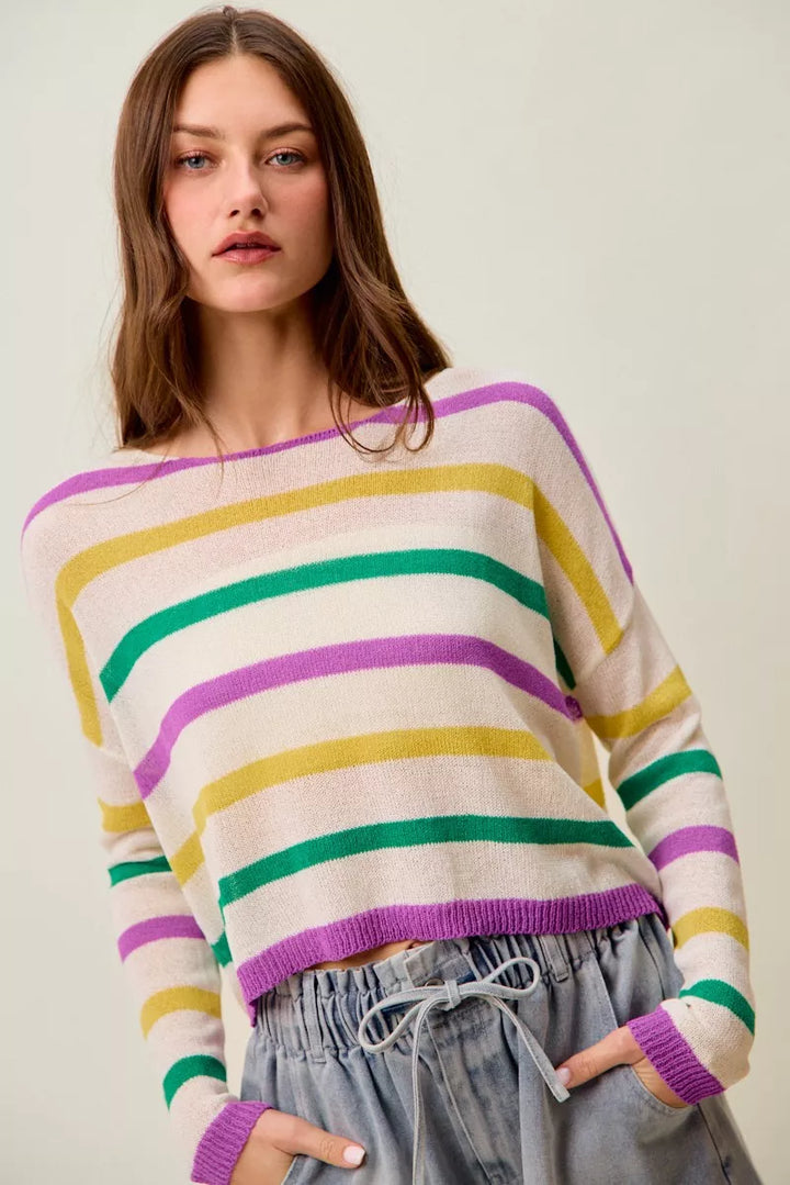 Color stripe lightweight knit sweater with boat neck