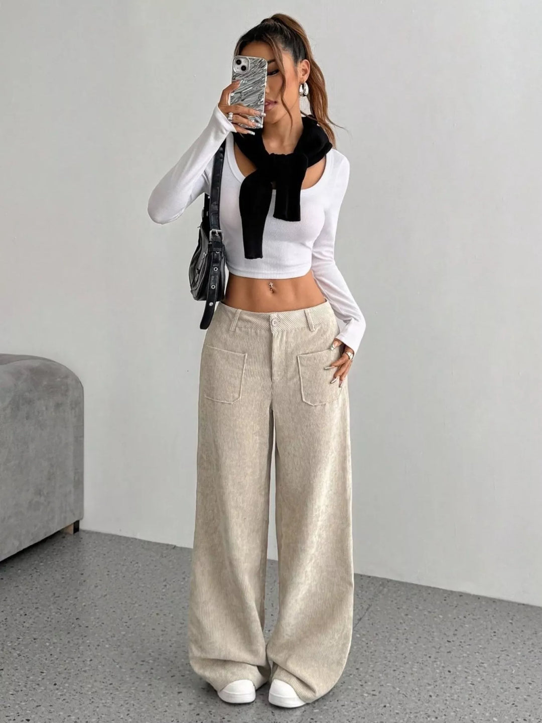 Corduroy wide-leg pants with front patch pockets