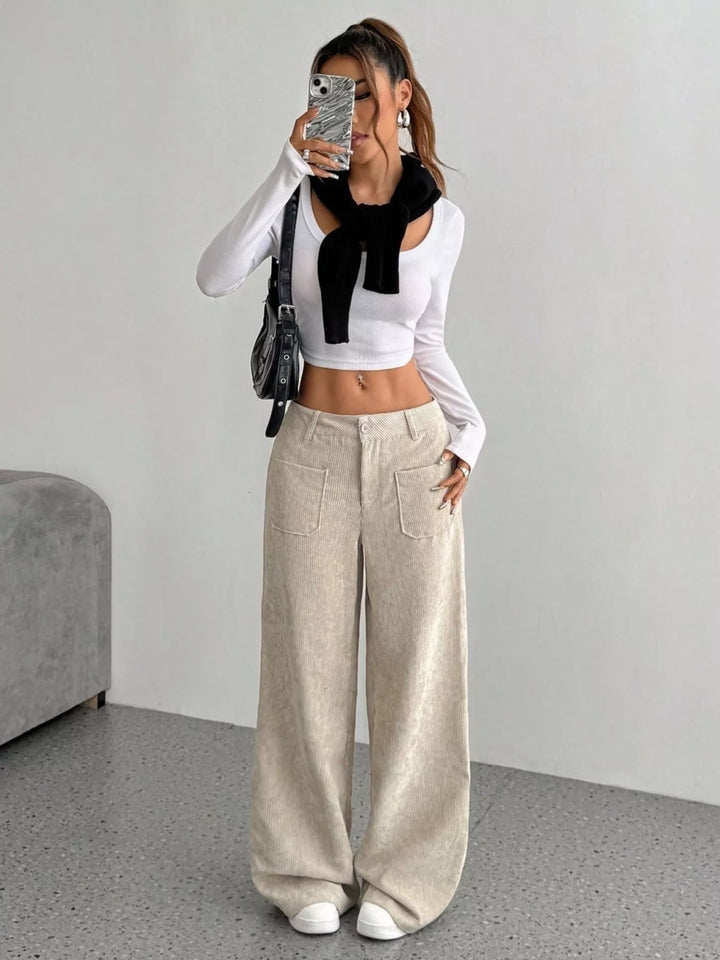 Corduroy wide-leg pants with front patch pockets