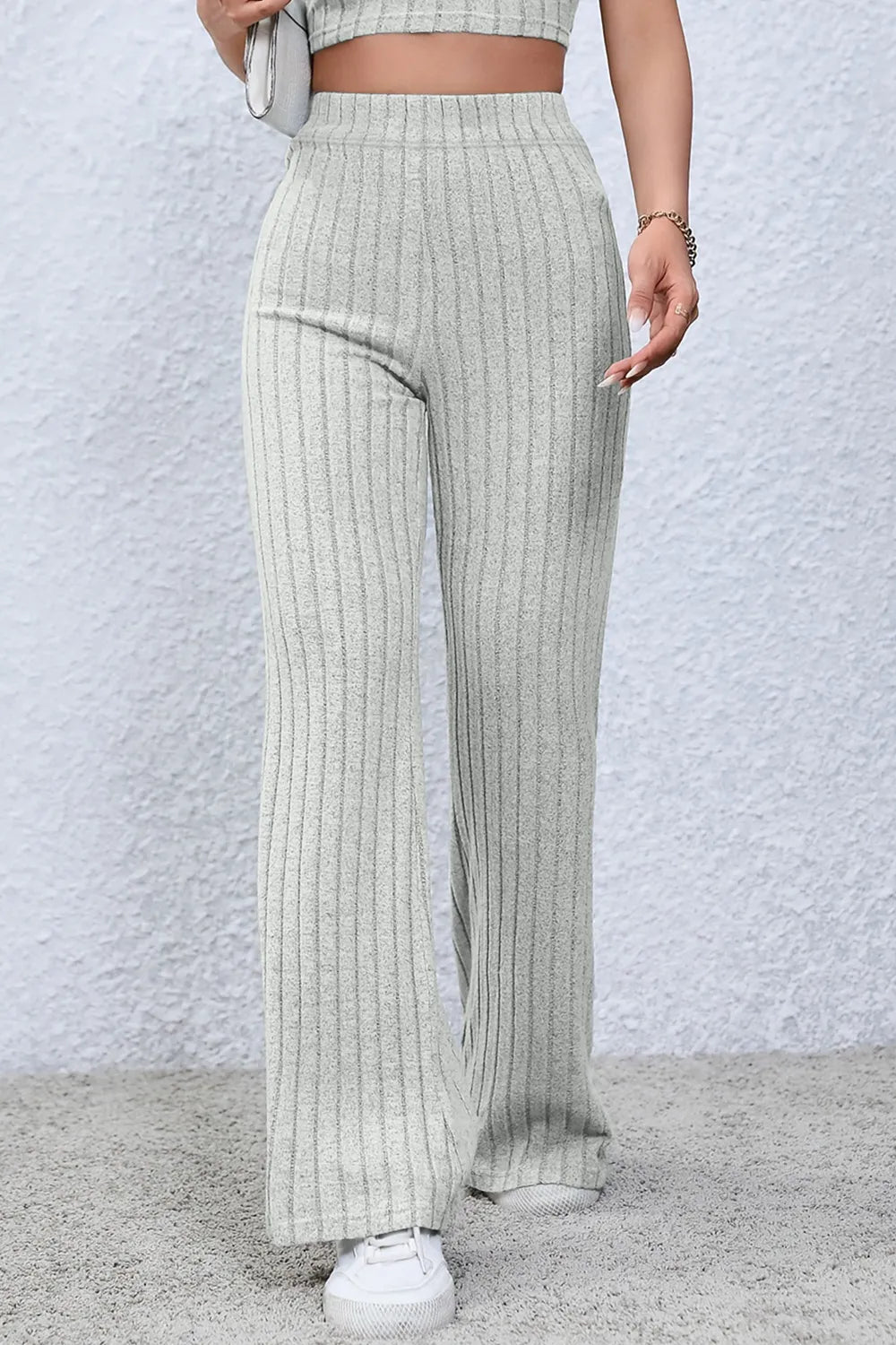 Ribbed knit high-waist flare pants with pull-on waist