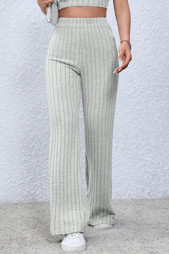 Ribbed knit high-waist flare pants with pull-on waist