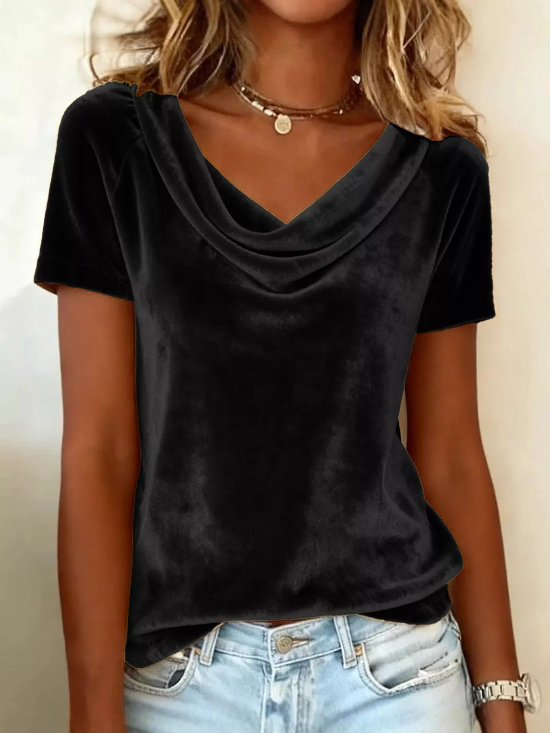 Black Draped cowl neck velvet top with short sleeves