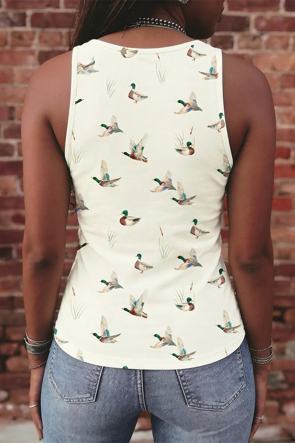 Mallard duck print fitted crew neck tank top