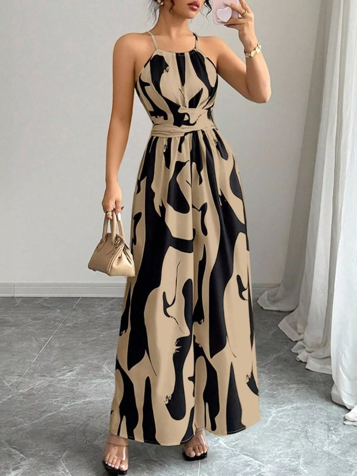 Abstract brushstroke print halter maxi dress with tie waist