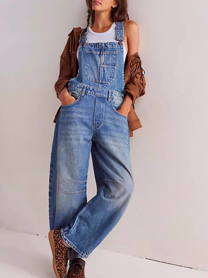 Wide-leg cotton denim overalls with adjustable straps