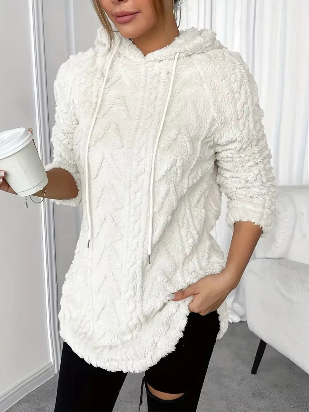Textured cable-knit fleece pullover hoodie with drawstring