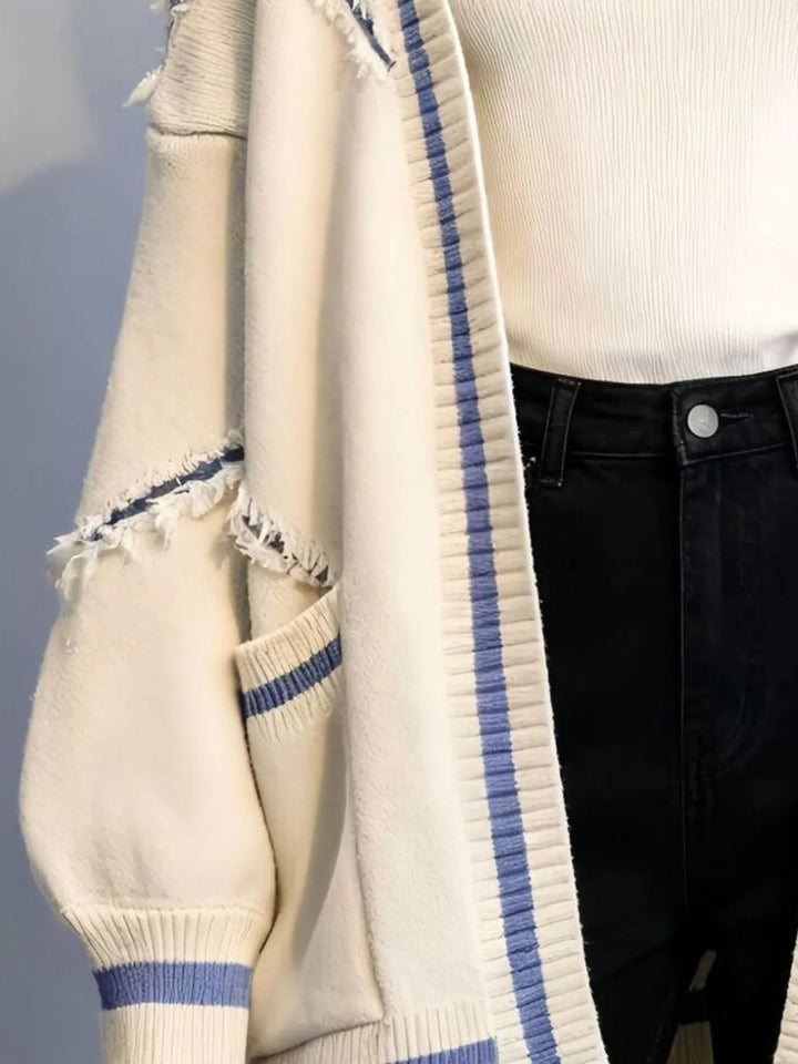 Frayed exposed-seam open front cardigan with striped trim