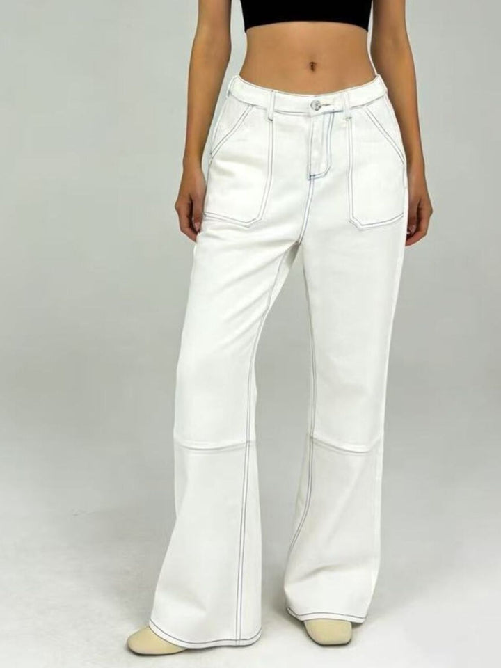 Wide leg jeans with contrast topstitching and patch pockets