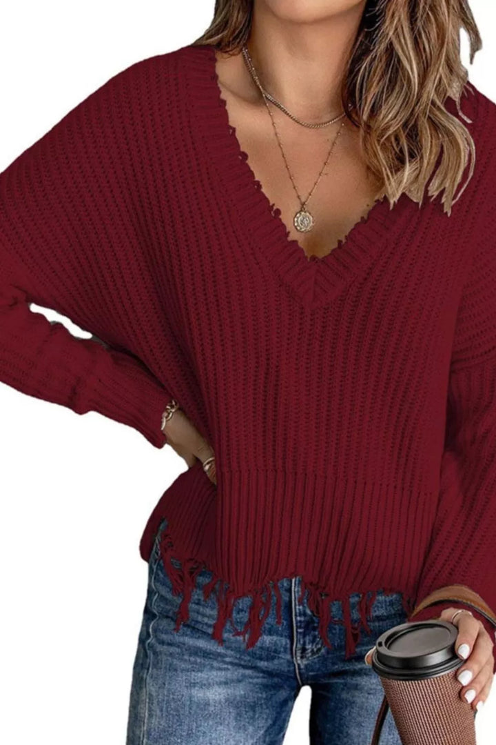 Burgundy Distressed raw hem ribbed knit V-neck sweater
