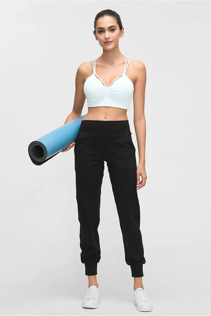 Wide waistband cropped joggers with pockets and ribbed cuffs