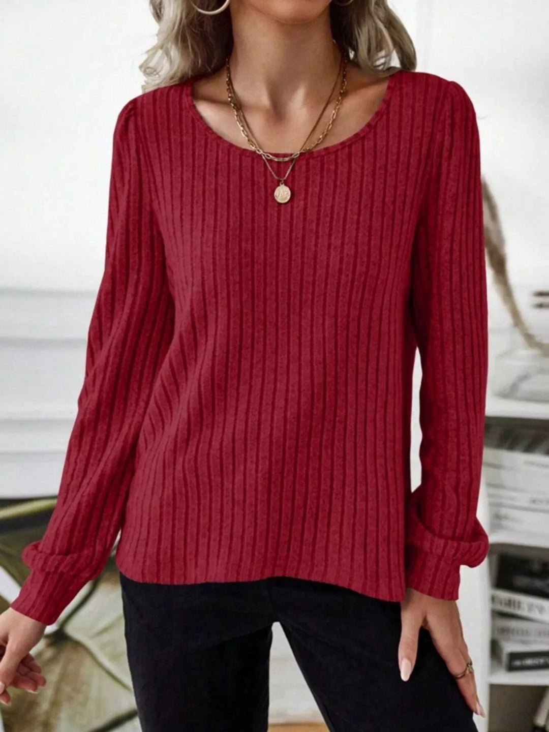 Ribbed knit scoop neck long sleeve top