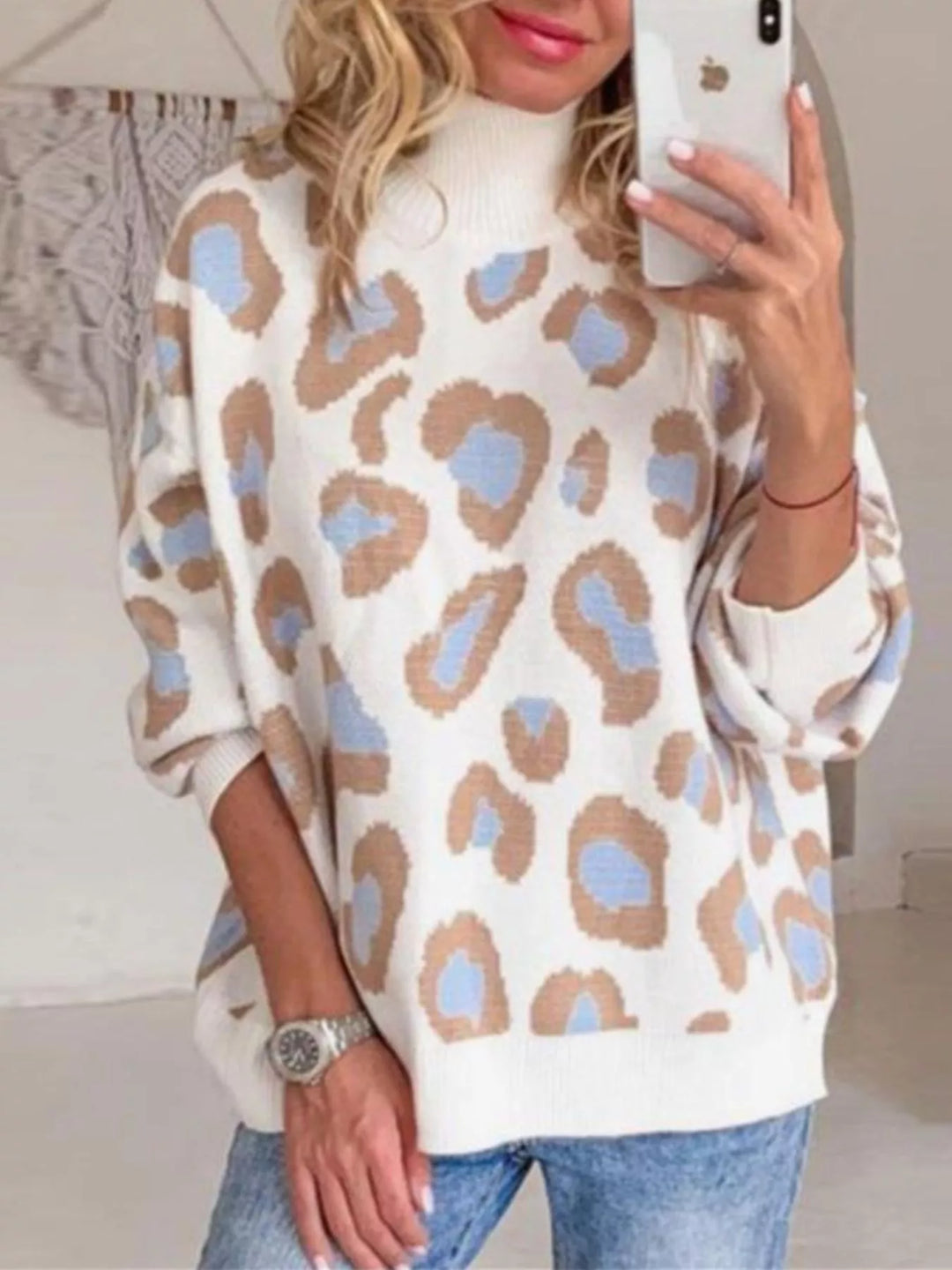 Leopard print long sleeve mock neck knit sweater