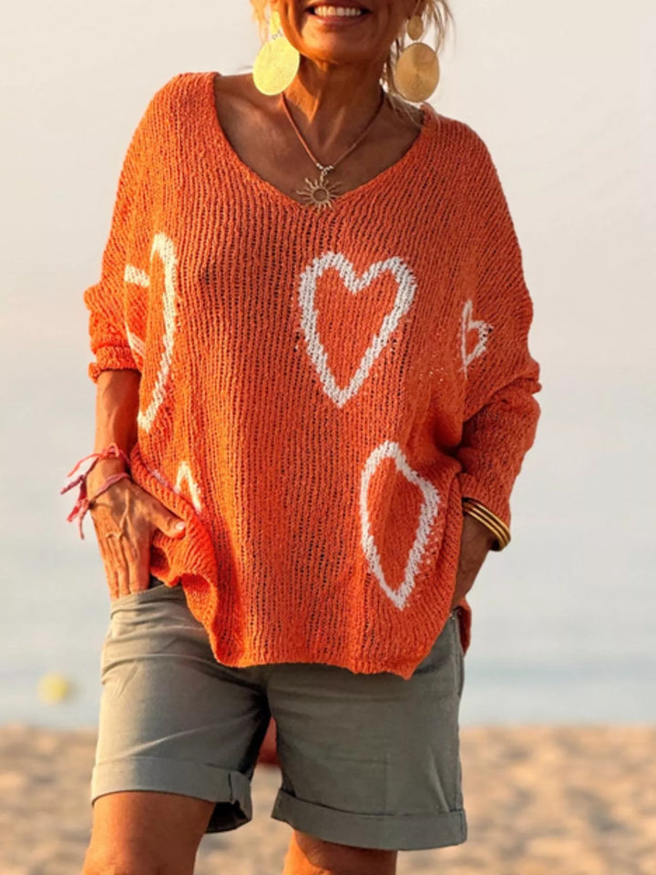 Heart motif V-neck dropped-shoulder knit sweater