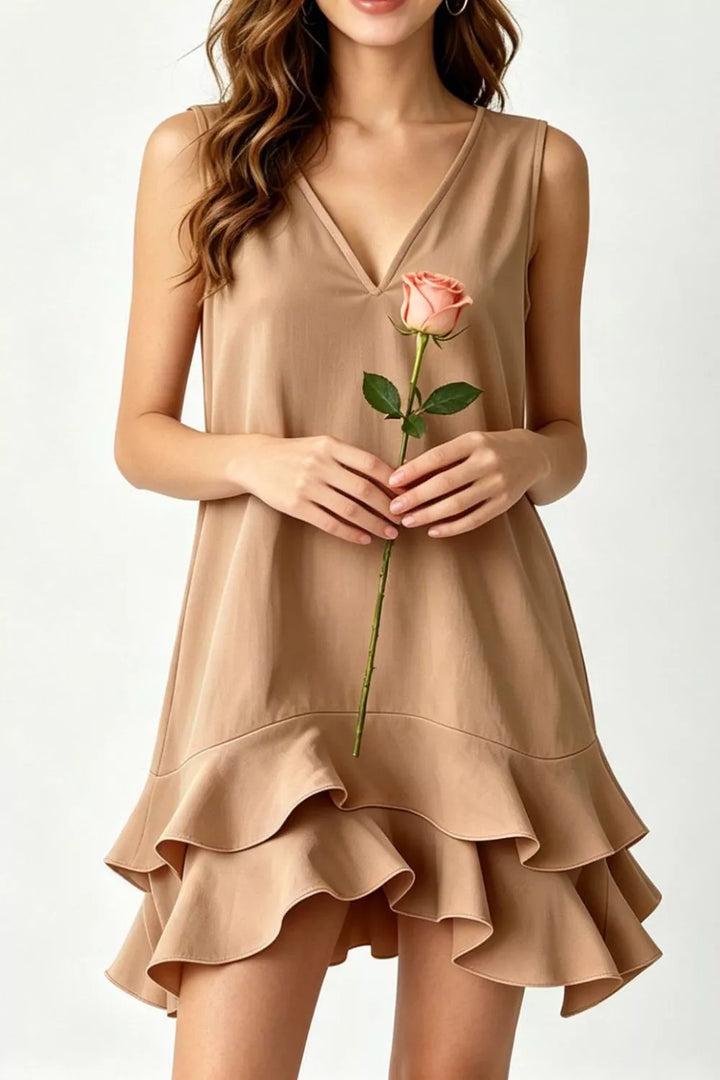 Taupe Sleeveless V-neck tiered ruffle hem mini dress