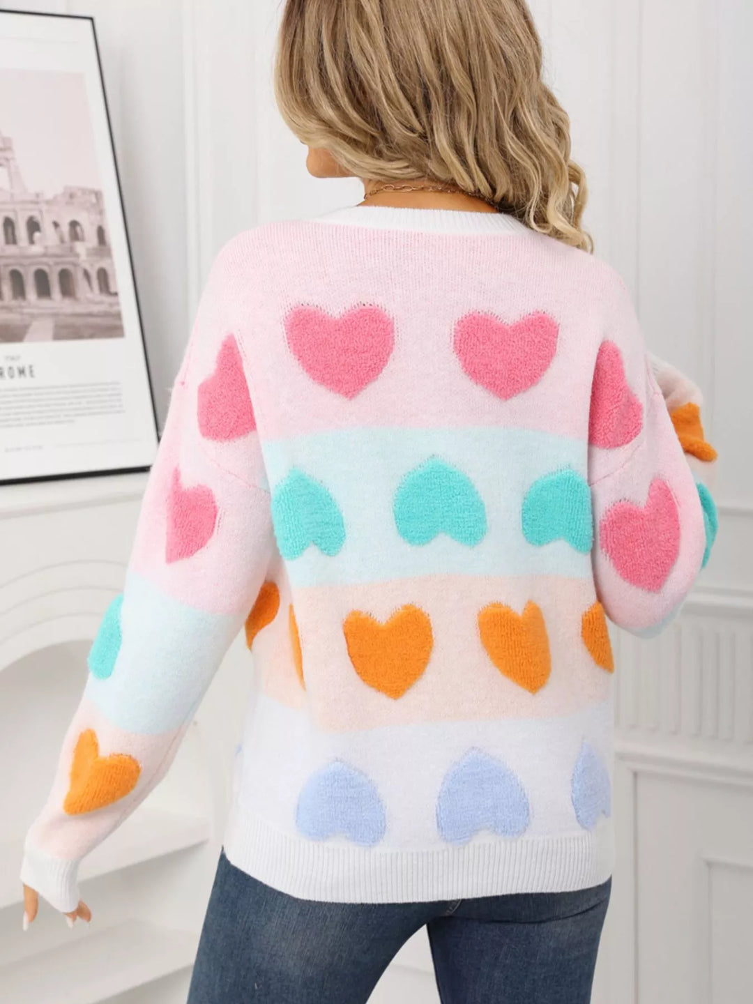 Fuzzy heart color-block crew neck knit sweater