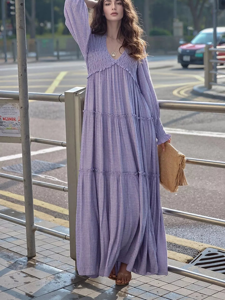Purple Smocked v-neck tiered maxi dress with long sleeves