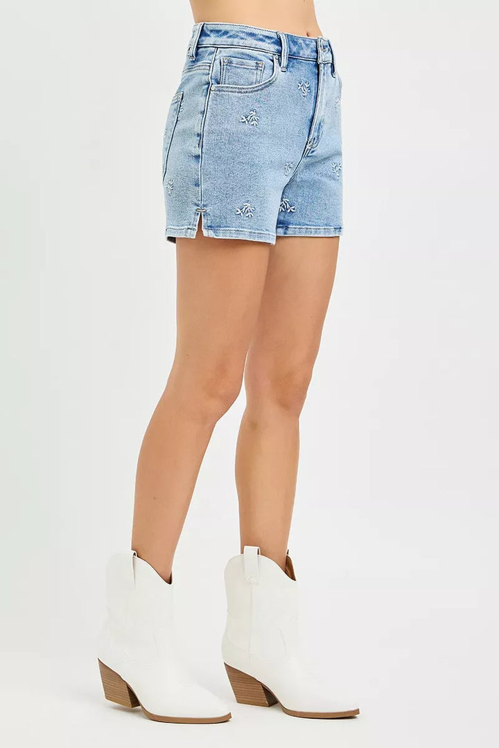 High-rise denim shorts with all-over embroidered floral detail