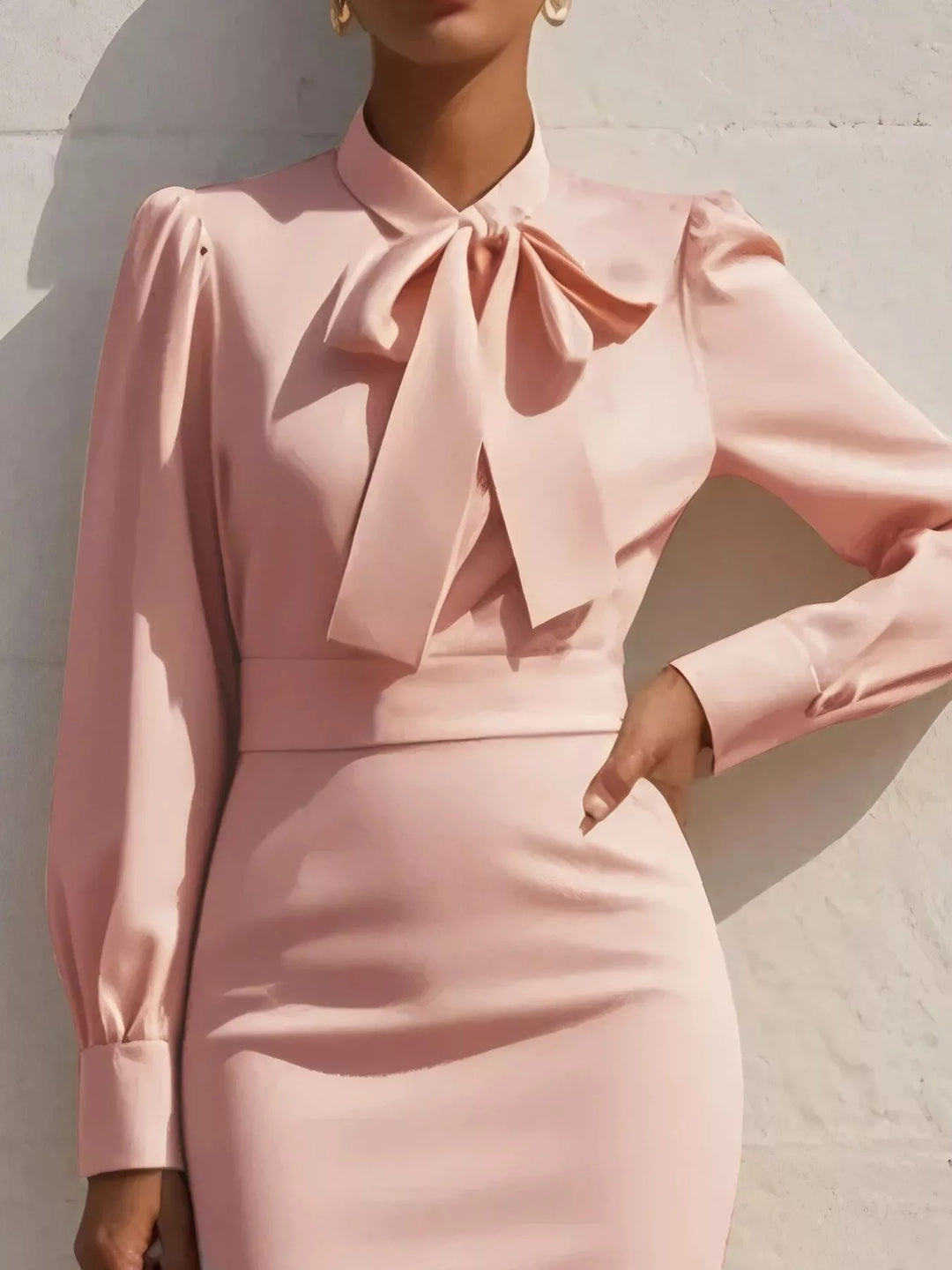 Bow tie neck long sleeve bodycon midi dress