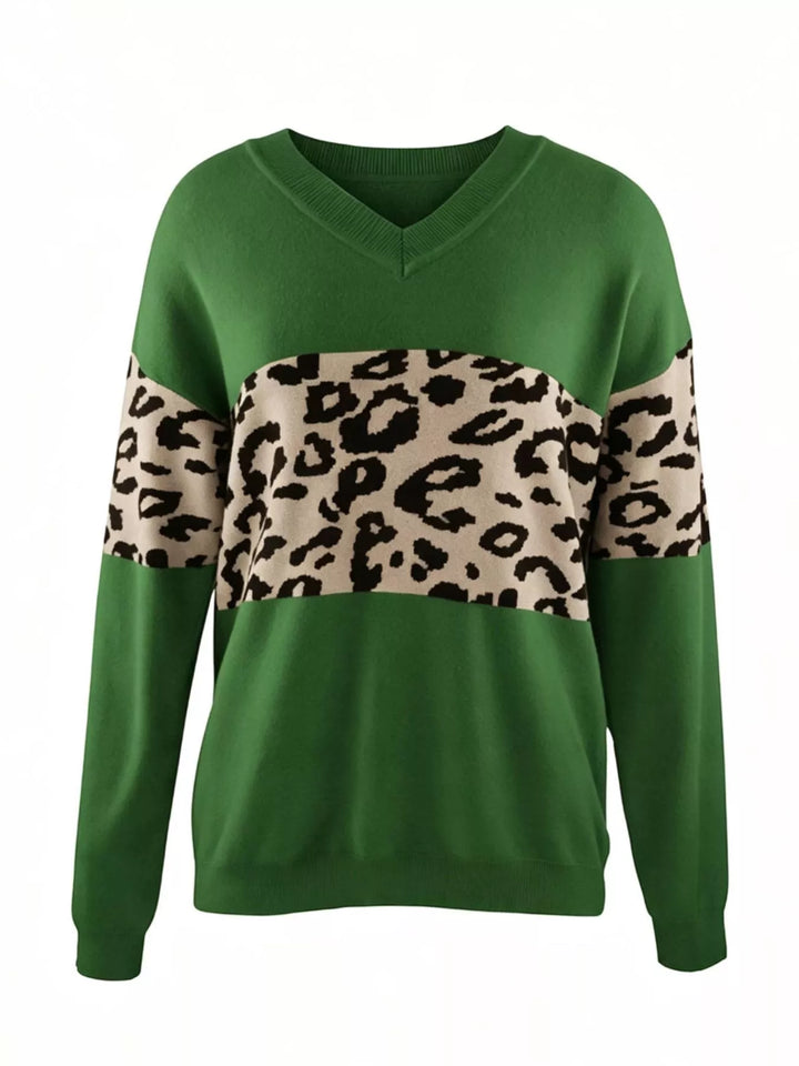 Green Leopard colorblock V-neck drop shoulder knit sweater