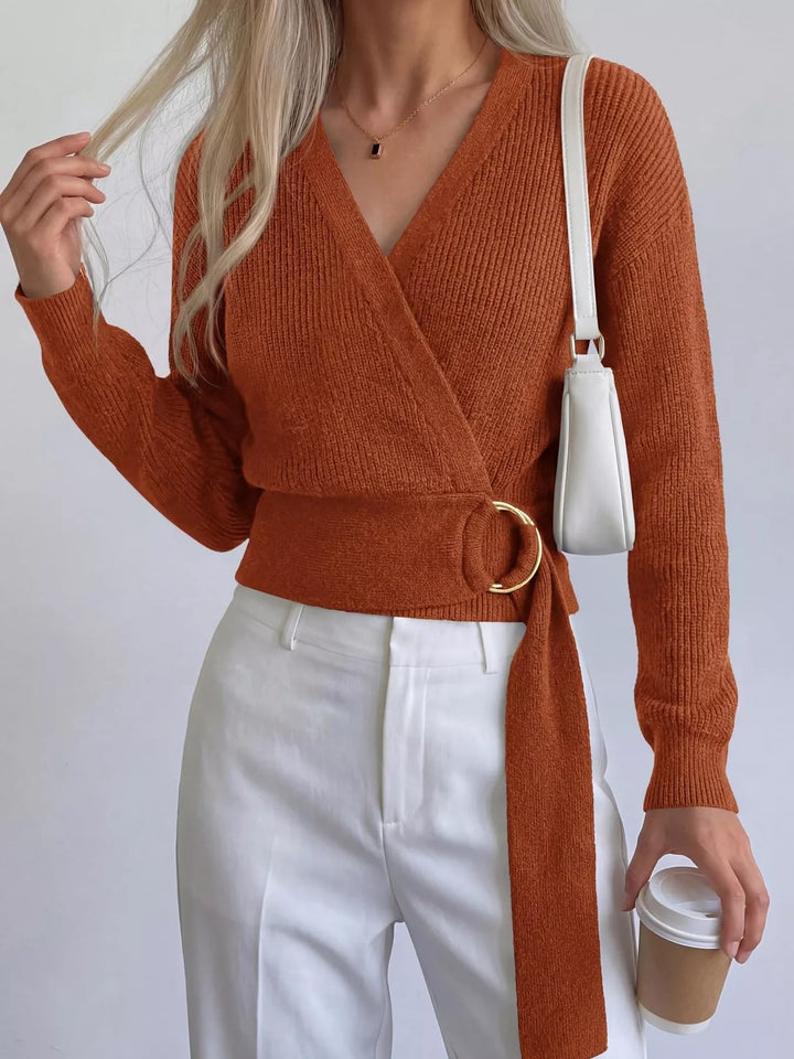 Ribbed knit wrap sweater with gold O-ring belt tie