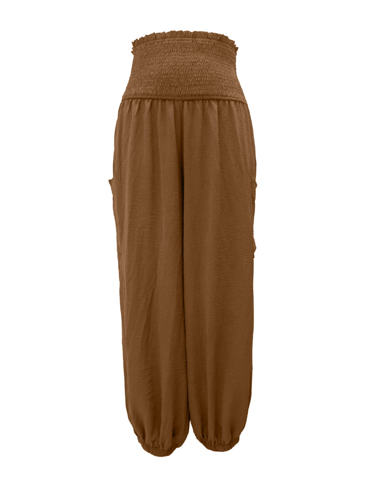 High-rise smocked harem pants with side pockets