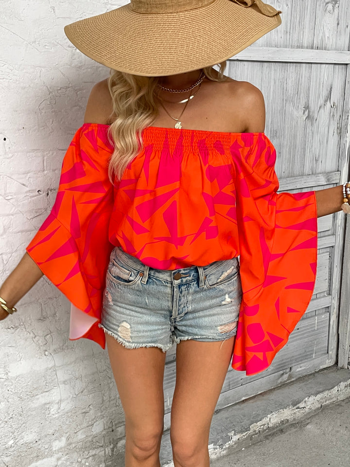 Orange Geometric print off-shoulder bell sleeve blouse