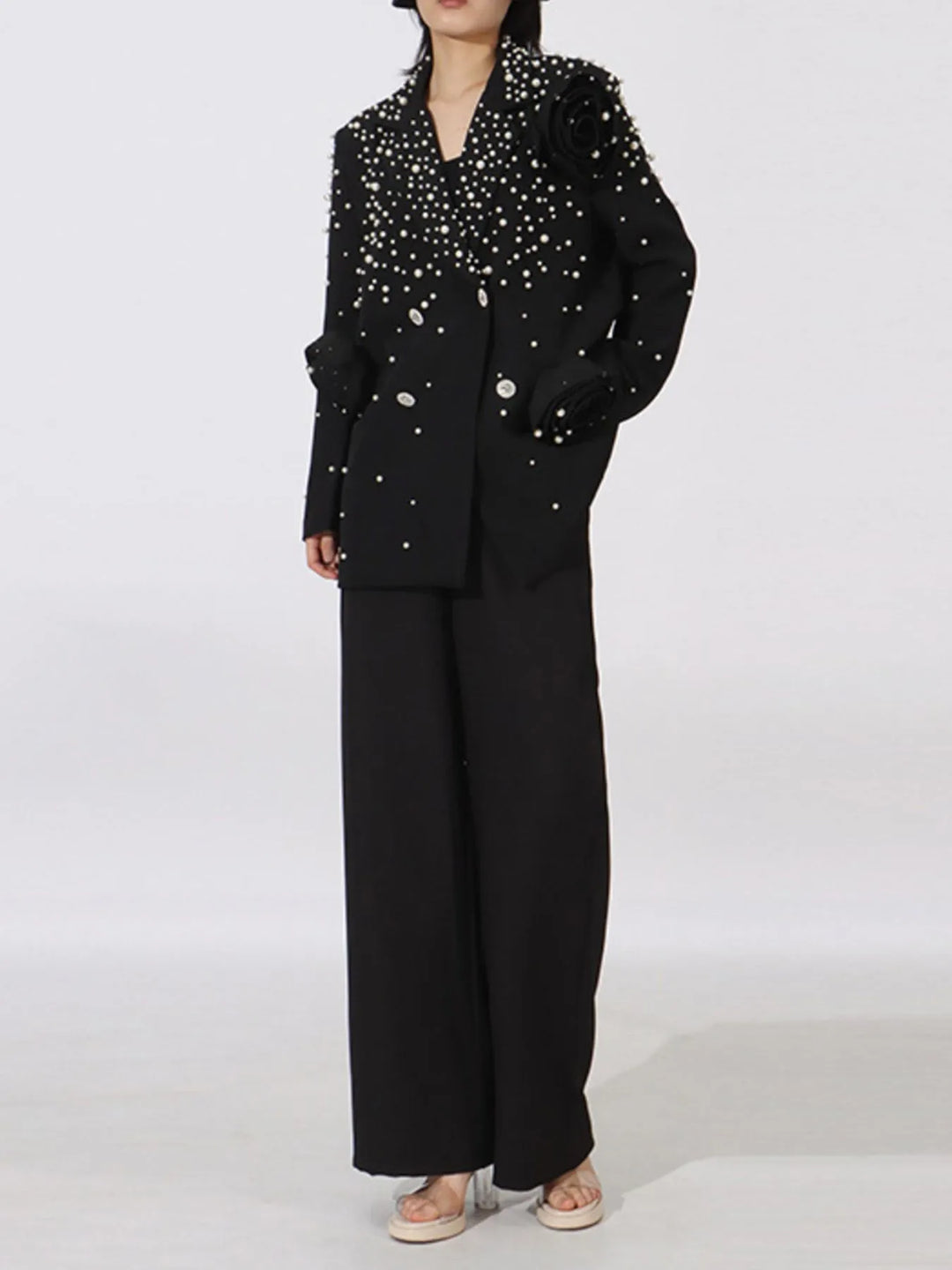 Pearl beaded double-breasted blazer with rosette appliques