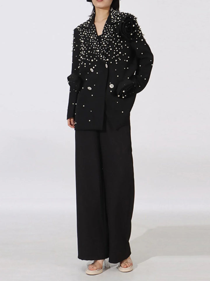 Pearl beaded double-breasted blazer with rosette appliques