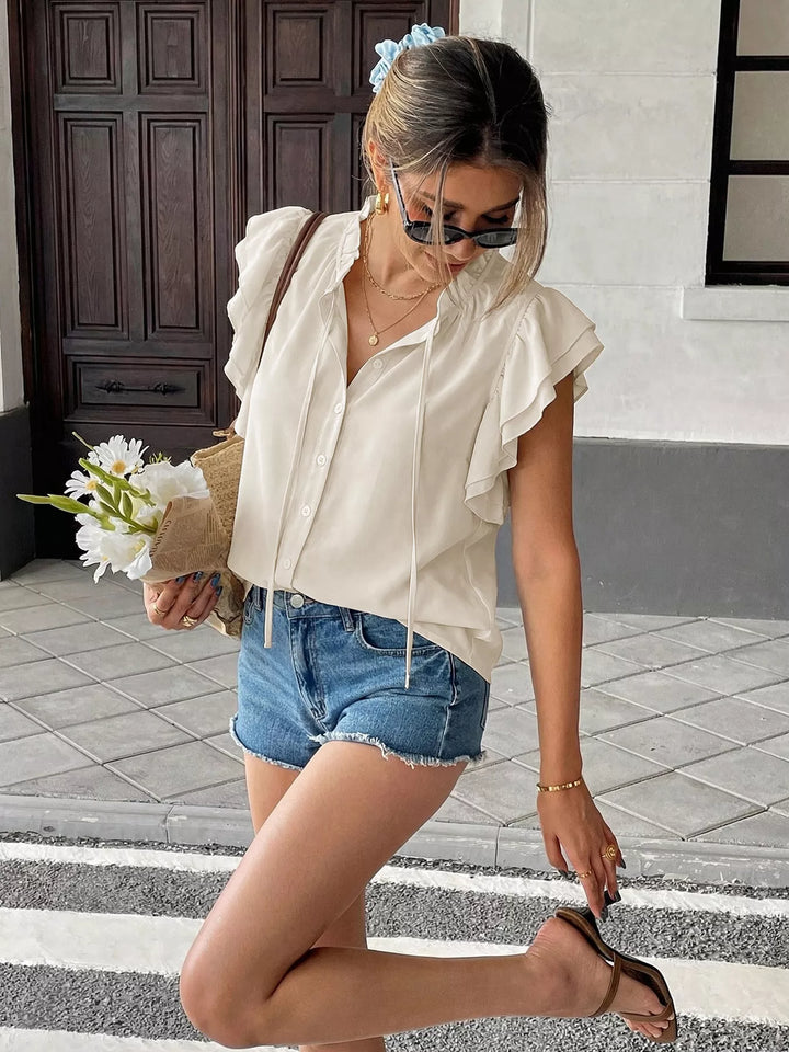 Beige Ruffle sleeve tie-neck button-down blouse